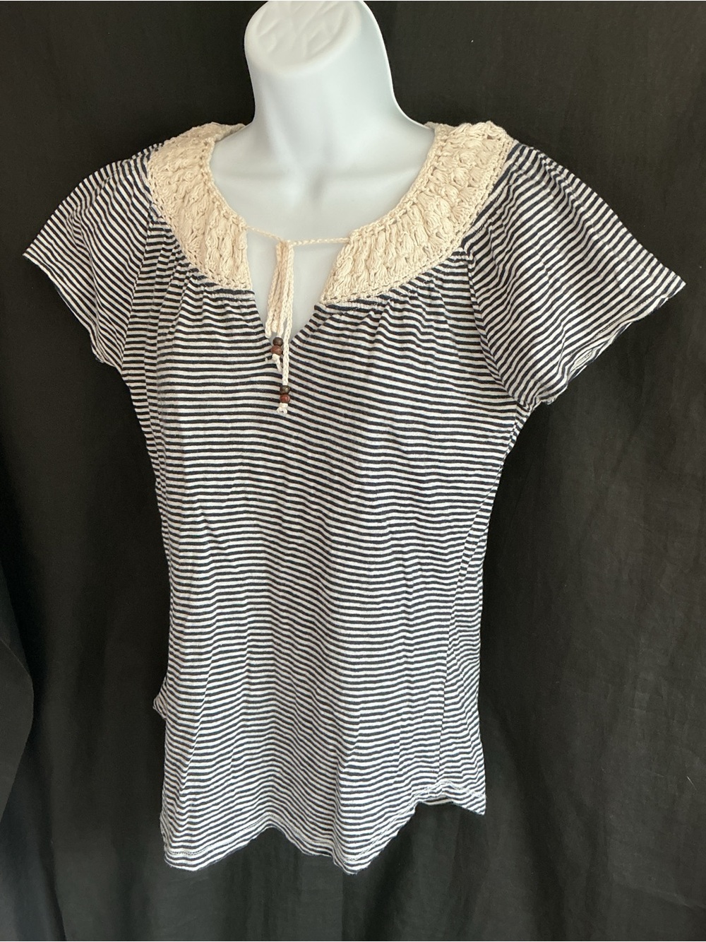 Lucky Brand Navy & White Striped Tee with Cream Crochet Yoke